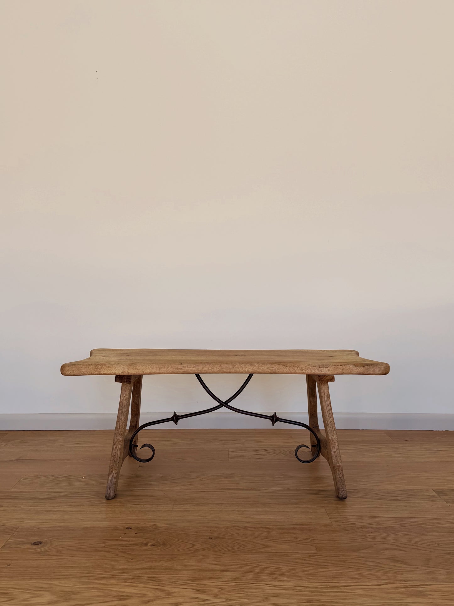 French Oak Brutalist Coffee Table with Iron Stretcher, c. 1960
