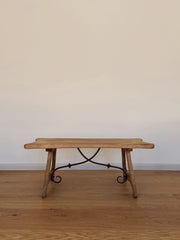 French Oak Brutalist Coffee Table with Iron Stretcher, c. 1960