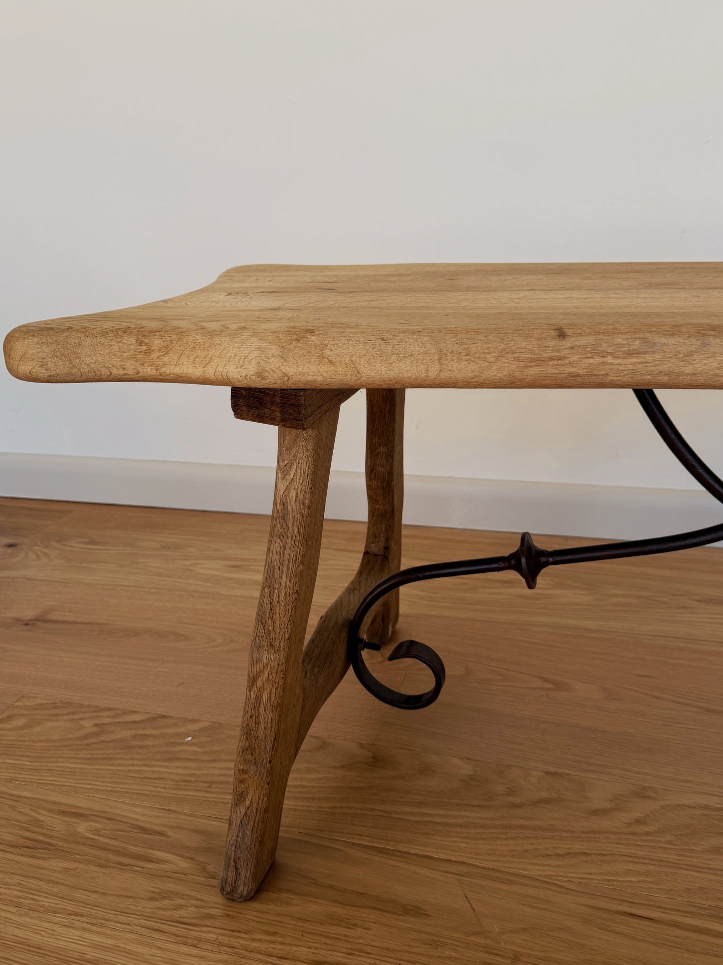 French Oak Brutalist Coffee Table with Iron Stretcher, c. 1960