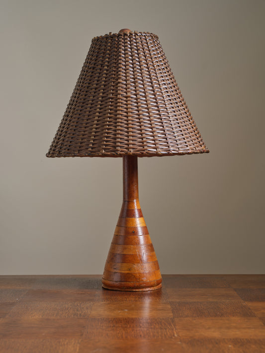 Vintage Striped Wood and Rattan Shade Table Lamp