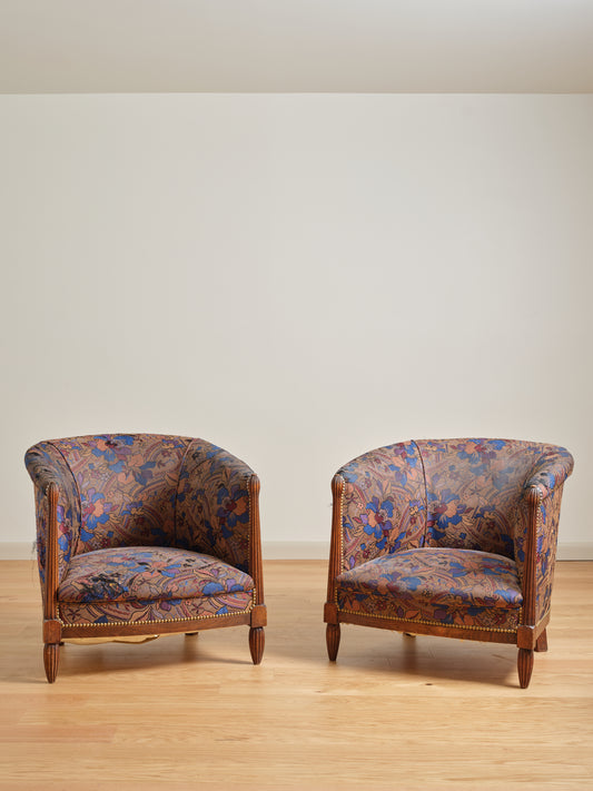 PAIR FRENCH ART DECO CLUB CHAIRS HAVING FLUTED STILES C 1940