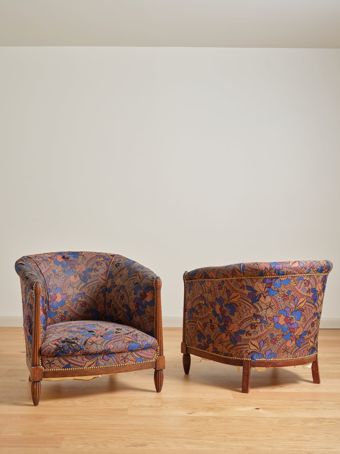 PAIR FRENCH ART DECO CLUB CHAIRS HAVING FLUTED STILES C 1940