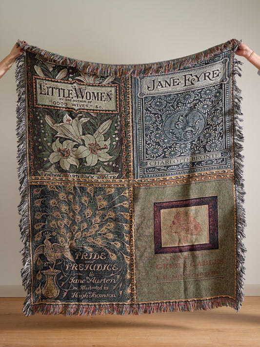 Vintage Style Book Cover Woven Blanket