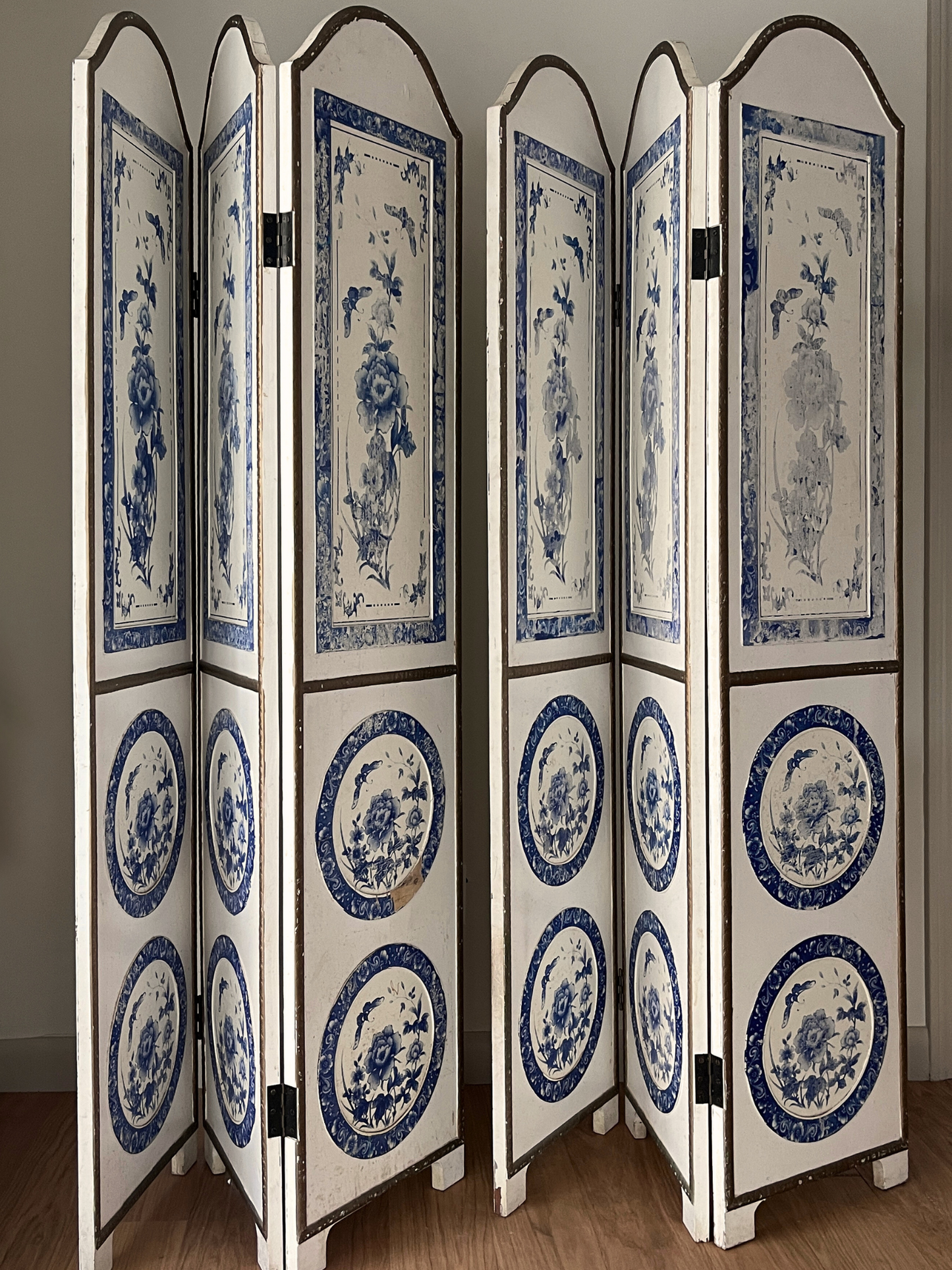 Pair of Vintage Italian Blue and White Floral Room Divider Screens