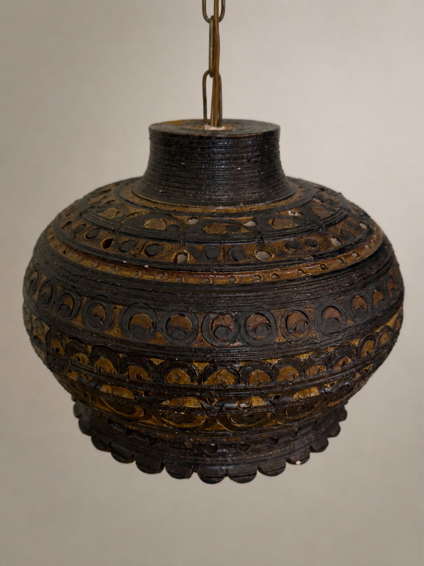 Vintage 1970s Danish Brutalist Ceramic Pendant Light with Circular Relief Detail