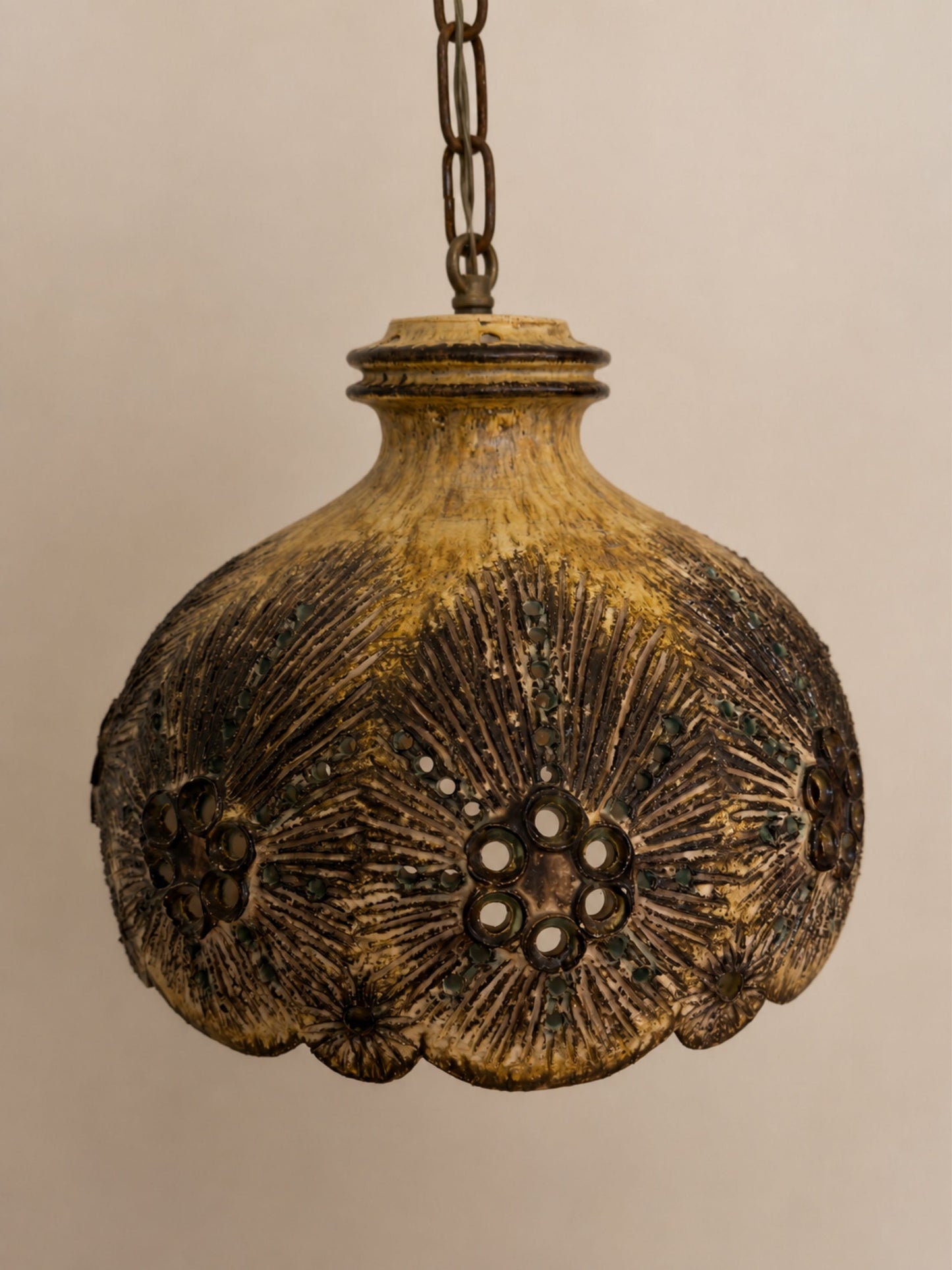 Vintage 1970s Danish Brutalist Ceramic Pendant Light, Floral Relief Detail