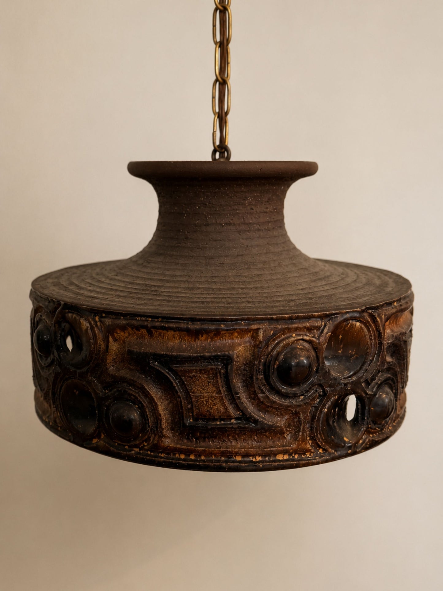 Vintage 1970s Danish Brutalist Ceramic Pendant Light with Ribbed Surface and Sculptural Relief Band