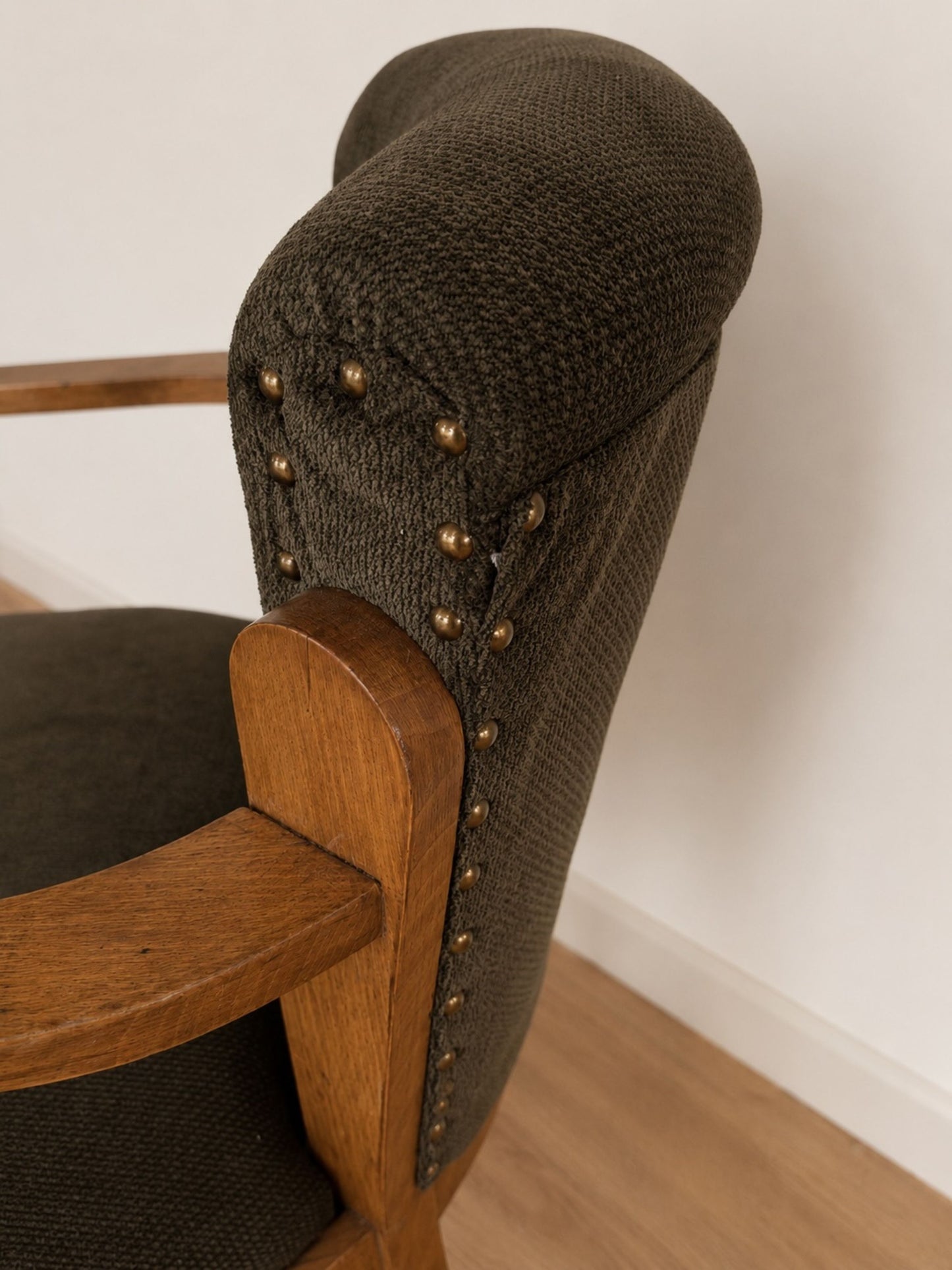 Vintage Art Deco Style Wood Armchair with Dark Green Upholstery