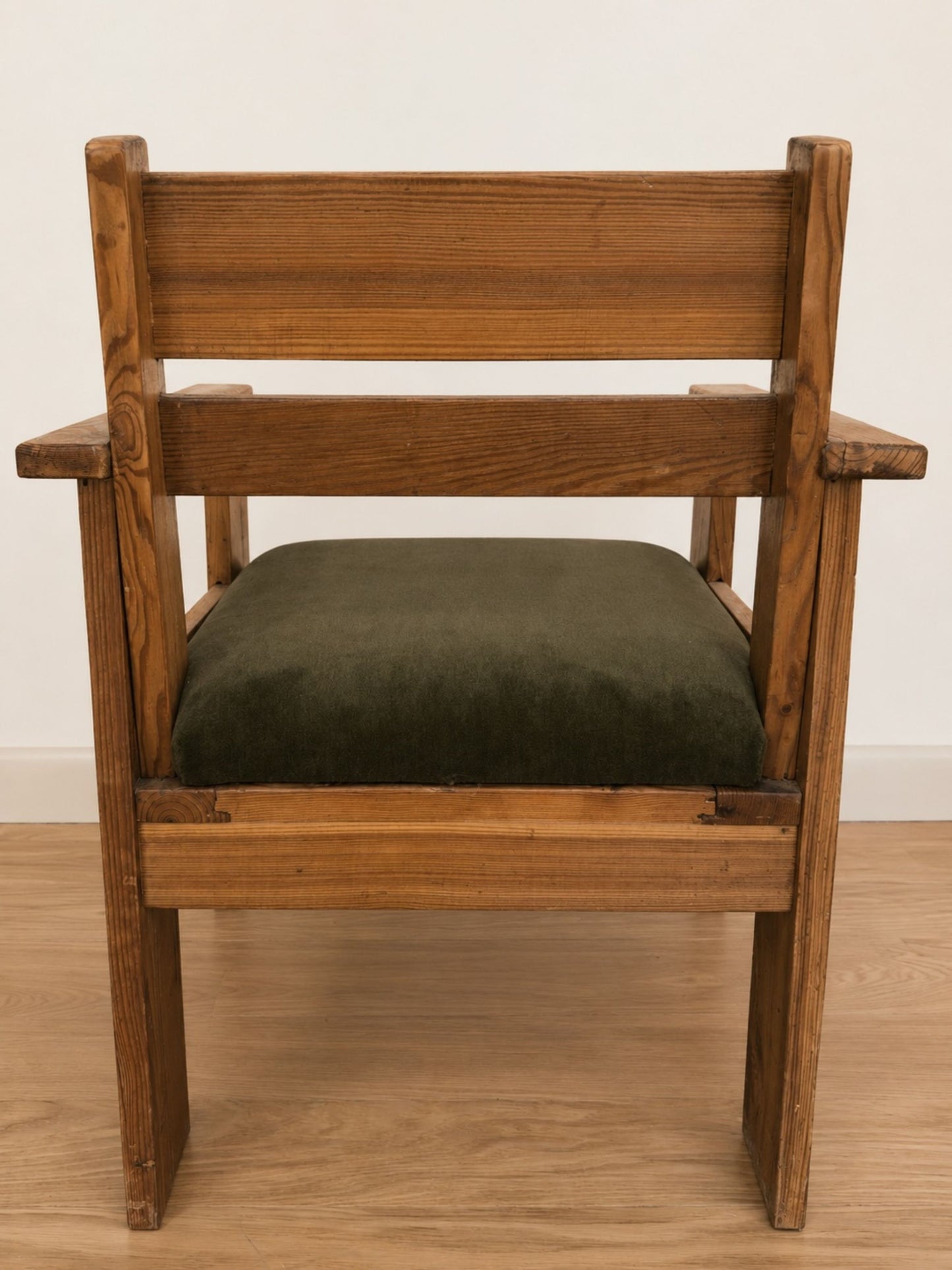Set of Two Mid-Century Pine Armchairs with Green Upholstery