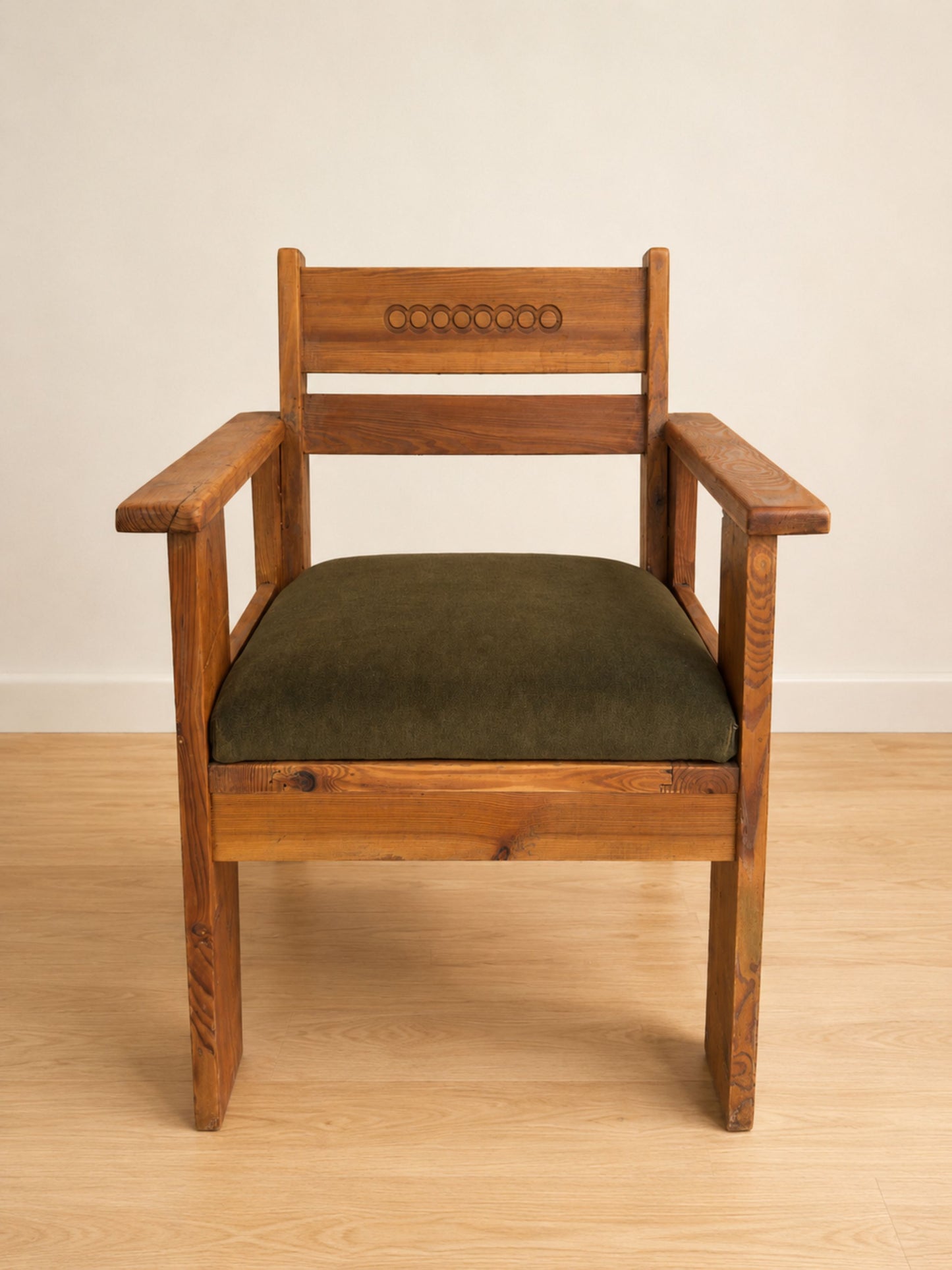 Set of Two Mid-Century Pine Armchairs with Green Upholstery