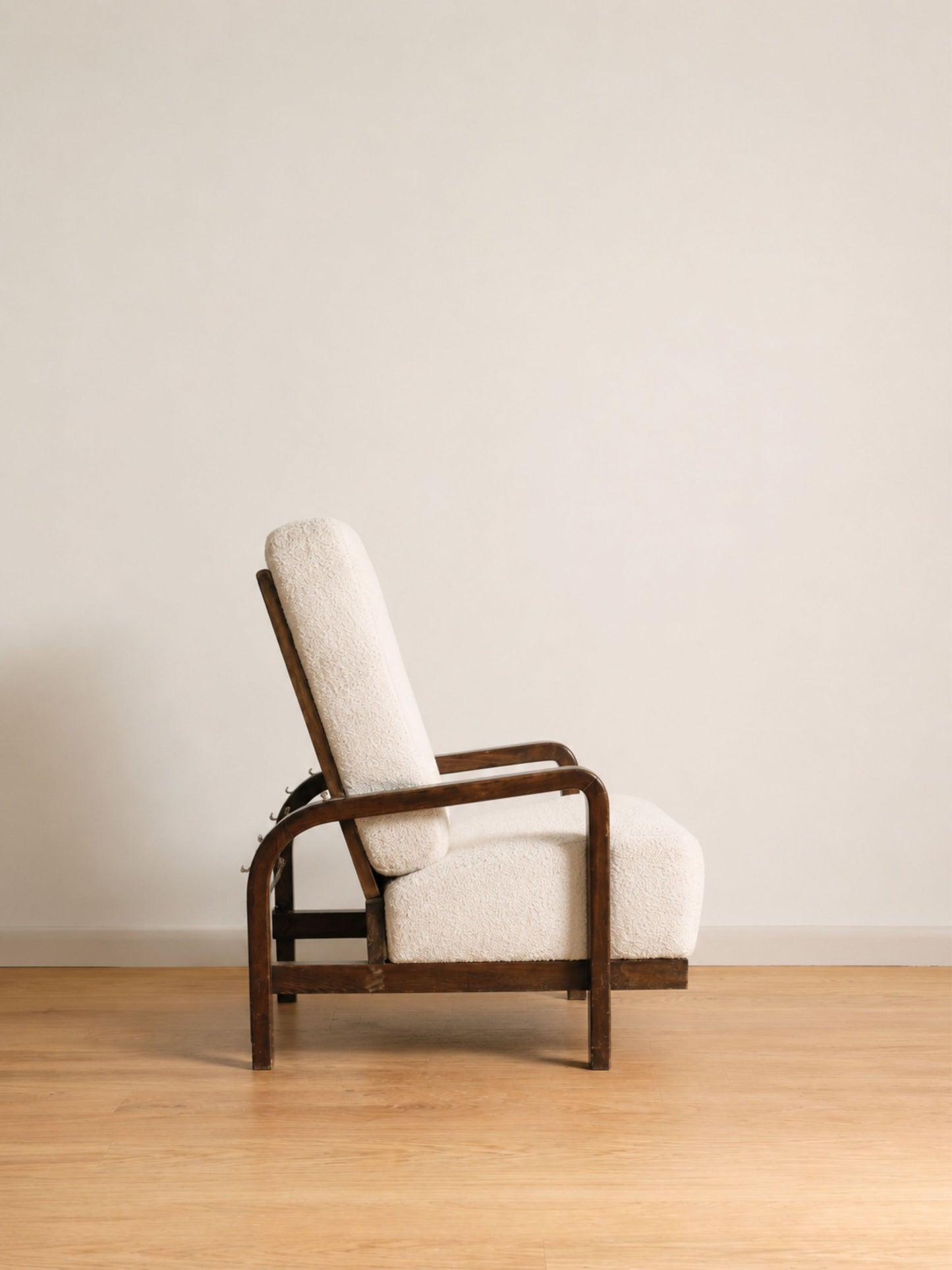 Pair of 1930s Czech Art Deco Reclining Armchairs in Cream Bouclé