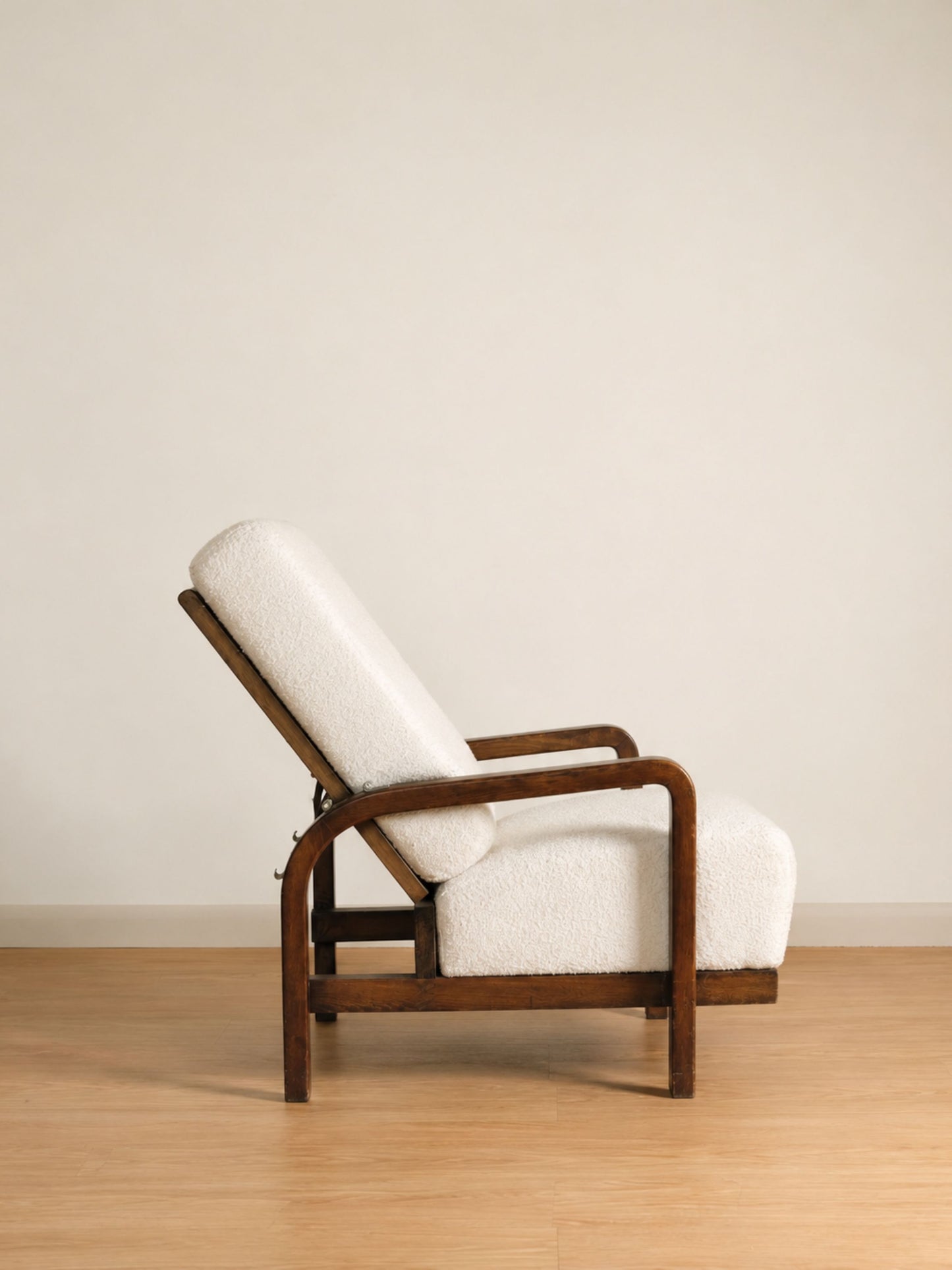 Pair of 1930s Czech Art Deco Reclining Armchairs in Cream Bouclé