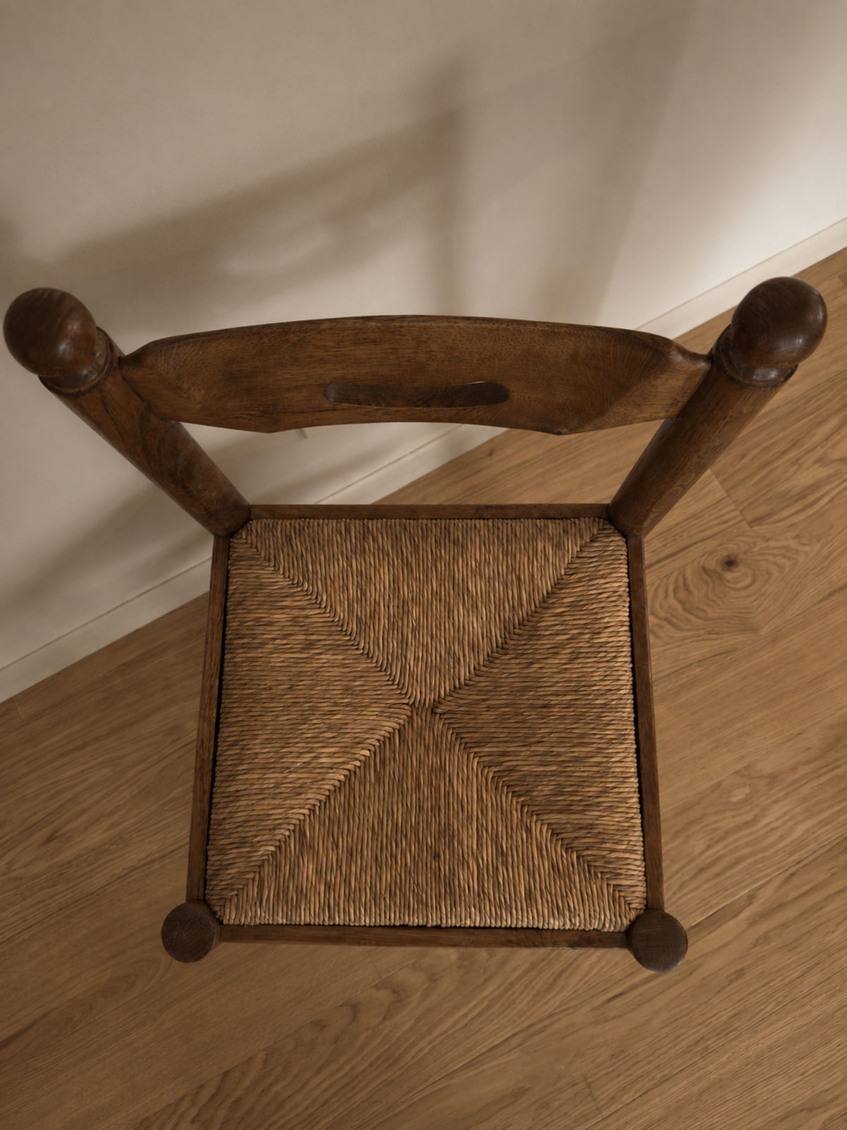 Set of Six Brutalist Style Oak Dining Chairs with Rush Seats