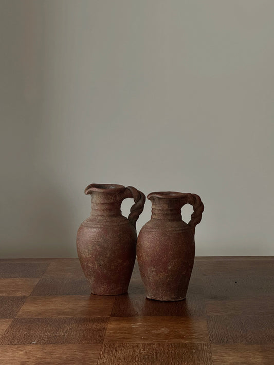 Vintage Terracotta Pottery Jugs with Twisted Handles Set of 2